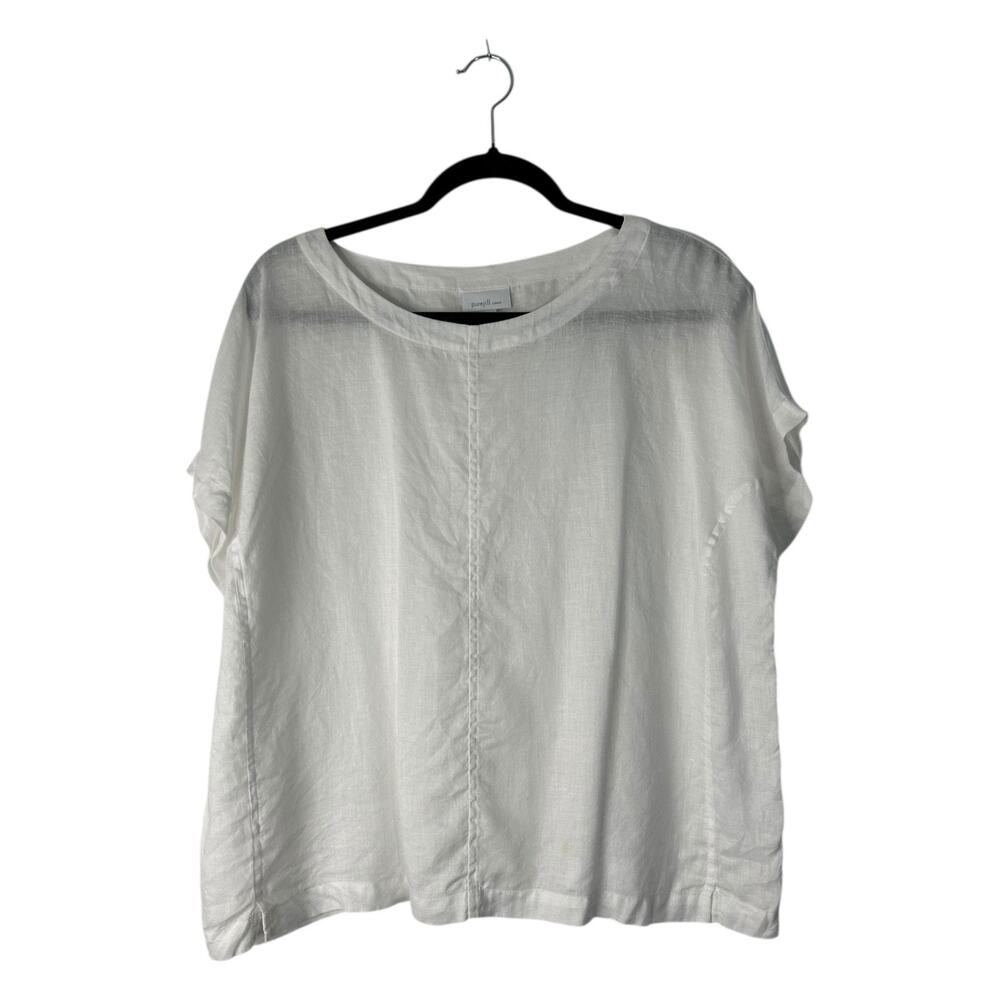 Pure Jill Top Women Sz MP White Linen Boxy Coastal Beach Lagenlook Sustainable